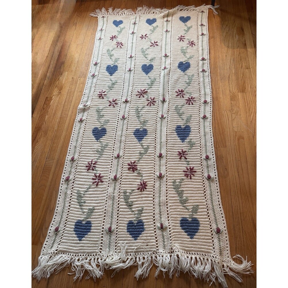 Cream Afghan With Flowers And Blue Hearts Blanket Cottagecore Grandma 82x40.5 in